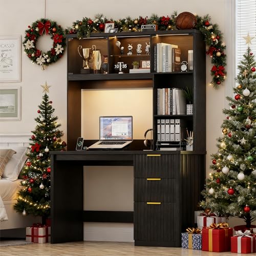 Lvifur LED Study Desk with Hutch & Storage Cabinet, 47' Home Office Desk with Outlet and 3 Color...