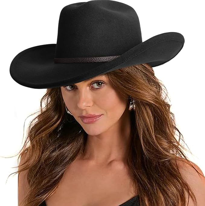 Image of DRESHOW Cowboy Hat for Women and Men Classic Felt Western Hat for Cowboys Cowgirls Wide Brim Belt Buckle Retro Fedora Hats