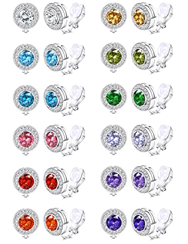 LOYALLOOK 12Pairs Birthstone Clip Earrings for Women Round Cubic Zirconia Clip On Earrings Non Pierced Fake Earrings Clip Stud Earrings with Rubber Pads
