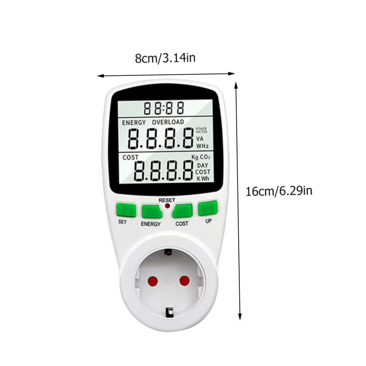 Misuratore di Consumo Elettrica con Display Lcd Digitale Ac230v | Max 16a, 50hz, Abs Bianco, Consumo 0, 5w, Lettura Retroilluminata, Uso Semplice