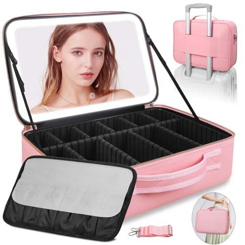 Bolsa de maquiagem grande de viagem atualizada com espelho de LED, estojo de maquiagem profissional de 38 cm com 3 modos de cores, espelho iluminado e iluminado, organizador de maquiagem cosmética com