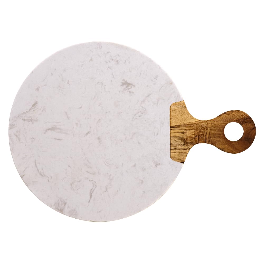 Kadum Tabla de Servir Carrara de Mármol Blanco y Madera de Acacia Con Mango, Redonda para Desayuno, Cocina y Queso, Diámetro 25 cm