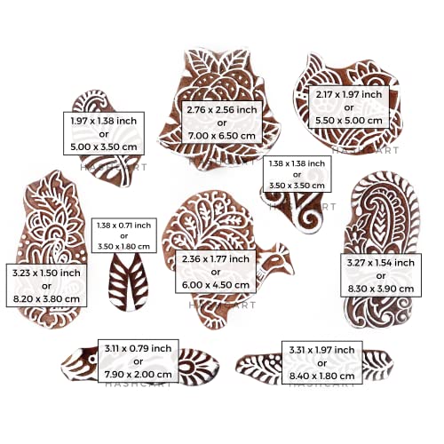 Image of Hashcart | Set of 10 | Wooden Multi Shape Floral Design Printing Stamps for Scrapbooking | Handcarved Blocks for Project Making | Henna Mehndi | Kids & Art Project | Fabric Textile | Pottery Craft