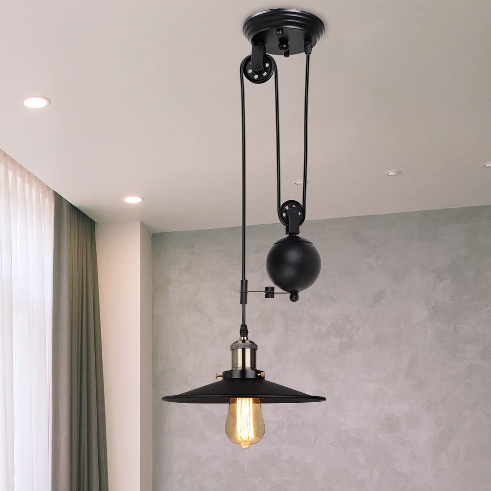iDEGU Lámpara de Techo Vintage, Retro Lámpara Colgante Negro Diseño Industrial con Sistema de Poleas de Metal Regulable Lámpara de Araña para Comedor, Salón, Cocina, Restaurante
