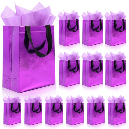 Addblu 12 Pack Reusable Gift Bags with Handles & 24 Tissue Papers 10x4x8 Inch Iridescent Gift Bags with Cardboard Bases for Shopping Parties Birthdays Weddings Holiday Fathers Day (Purple Gift Bag)