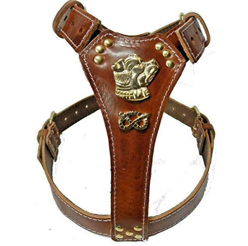 Beautiful Tan Leather Dog Harness Large con Staffordshire Bullterrier Head Motif & Knot