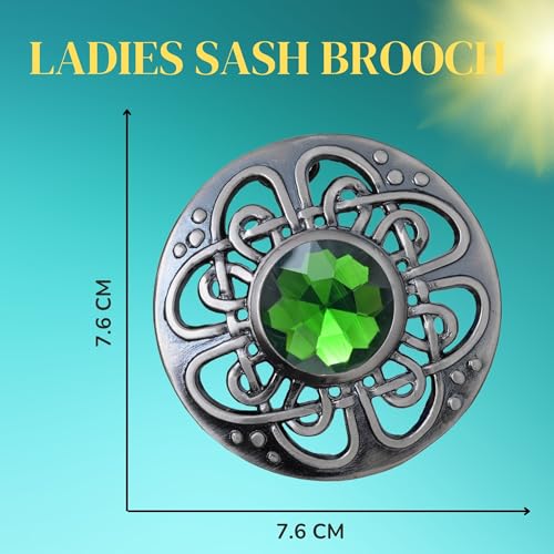 Image of Elegant Culloden Plaid Brooch - Scottish Kilt Fly Plaid Brooch Intricate Celtic Knot in Pewter with Gemstone 3-Inch Diameter - Ideal for Scottish Kilts & Formal Wear