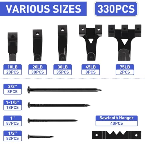 Image of MAKABEE 330PCS Picture Hangers Kit, Wall Hangers with Hooks, Sawtooth and Hardware Nails, Picture Hooks for Frame, Painting, Artwork, Photo, Wall Mounting (Black)