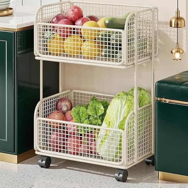 Vegetable Storage Rack Cart with Wheels Iron Utility Kitchen Storage Cart Fruit Basket for Kitchen for Snacks- White-JjkOIQ7q