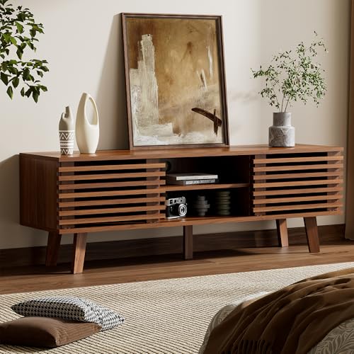 Image of Furniway Mid Century Modern TV Stand for 50 /55 /60 inch TV, Entertainment Center with Storage & Sliding Door, Wood Media Console, TV Stand for Living Room, Bedroom, Walnut