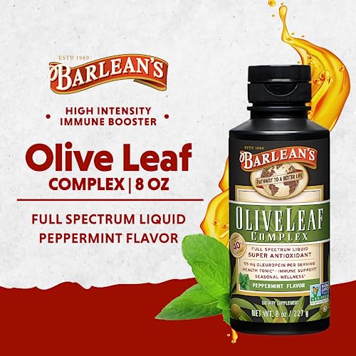 Barlean's Peppermint Olive Leaf Complex Liquid Immune Support Supplement With 95Mg Oleuropein Antioxidants For Seasonal Wellness, Heart Health, & Immune System Booster, 8 Ounce #TOP1