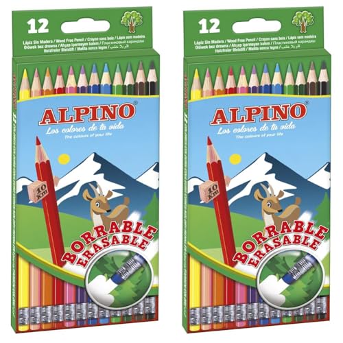 Lapices de colores alpino borrable con goma caja de 12 colores surtidos (Paquete de 2)
