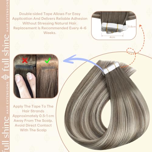 Image of Full Shine Tape in Hair Extensions, Mushroom Ash Blonde Ombre 18 Inch | 50g 20PCS, Straight Invisible Hair Extensions Tape in, Double Sided Remy Finish Secure Wear Smooth Daily Styling