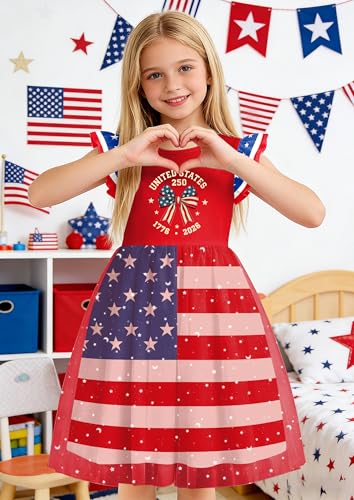 Image of Girls 4th of July Dress American Patriotic Outfit USA Independence Day Clothes Flutter Sleeve Tulle Tutu Dress 5-14y