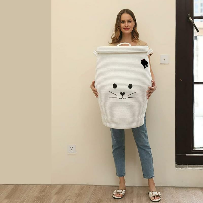 Image of Storage Cotton Rope Basket and Laundry Hamper for Dirty Clothes, Towels, Blankets, Pillows Storage in Living Room, Laundry Room and Bedroom (White Cat With Lid, 14x16 Inch)