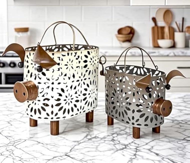 Farmhouse Metal Small Storage Basket Set For Kitchen or Bathroom Pig Decor, 2 Count Stackable Small Basket with Handle
