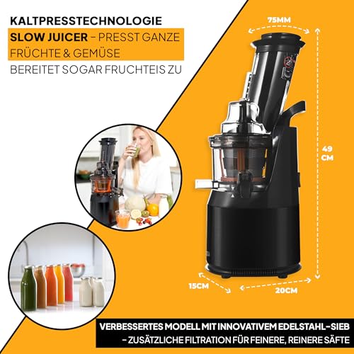 Entsafter Gemüse und Obst – Fruchtsaftpresse Elektrisch Slow Juicer – Saftpresse Kaltpresse für ganze Früchte mit 75mm Öffnung, Edelstahl Sockel, 240W, Spülmaschinenfest, BPA-Frei, Schwarz – Bild 5