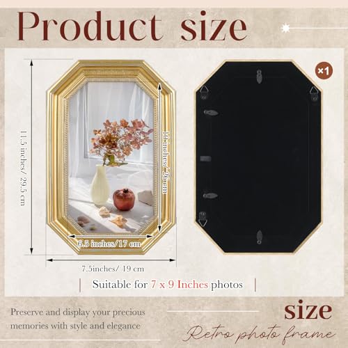 Image of Wonderjune 7x9 Inch Vintage Gold Picture Frame, Carved Resin Antique Ornate Frame for Tabletop or Wall Hanging Display, Victorian Baroque Home Decor(Octagon)