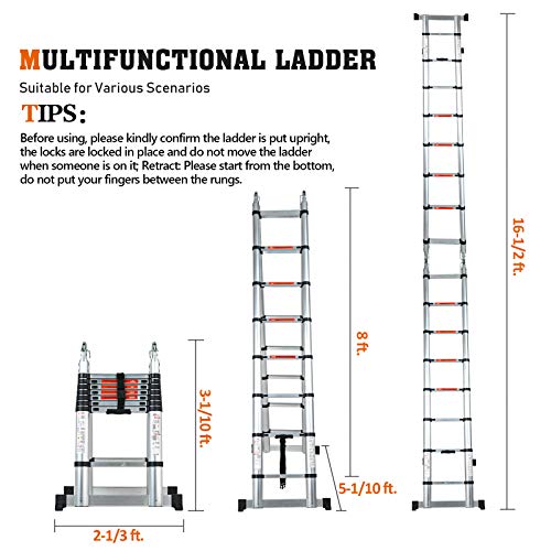 SUNCOO 16.5FT Telescoping Ladder Lightweight, Anti-Slip Aluminum Collapsible Extension Ladder, Quick Button Retraction Multi-Purpose Telescopic Ladders Compact Attic Ladder, 330lbs Max Capacity