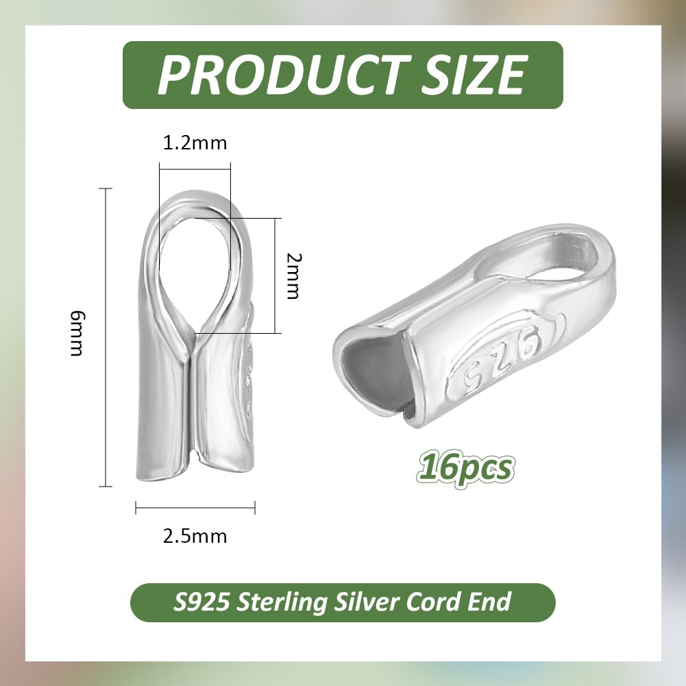 BENECREAT 16PCS 925 Sterling Silver Crimp End Caps, 2.5mm Diameter White k Crimp Ends Beading Cord Wire Thread Thread Protector for Necklaces Bracelets Jewelry Craft Making
