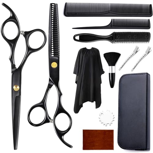 12 Pièces Kit Ciseaux Coiffure avec Cape, Peigne, Accessoires Coiffeur Salons Professionnel, Ciseaux Coiffure Desepaissir Acier Inoxydable, Ciseaux Barbe...