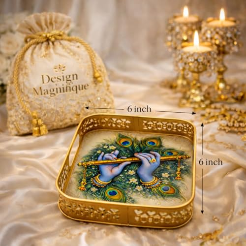 Image of Pichwai Metal 6 Inch Decorative Square Serving Traditional Art Print Tray for Return Gifts, Home Decor, Wedding, Diwali Festive Pooja & Dry Fruit Gifting (Multi Color, 6 inch)