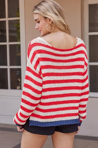Women's V Neck Long Sleeve Sweaters 2024 Fall Oversized Striped Color Block Drop Shoulder Knit Side Slit Pullover Tops4