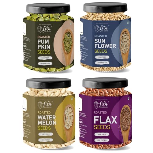 Image of LILA DRY FRUITS Roasted Seeds Combo Pack Pumpkin Sunflower Watermelon Flax Seeds 800 Grams (200g x 4) | Daily Nutrition Mix for Family & Office | Crunchy Healthy Snack Perfect for Gifting