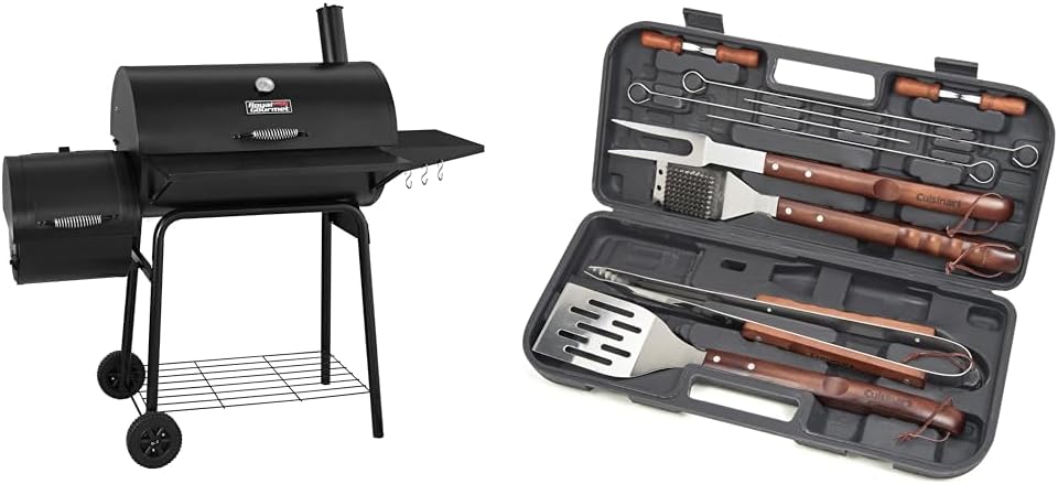 Royal Gourmet CC1830S 30" BBQ Charcoal Grill and Offset Smoker | 811 Square Inch cooking surface, Outdoor for Camping | Black & Cuisinart CGS-W13 Wooden Handle Tool Set, Black (13-Piece)
