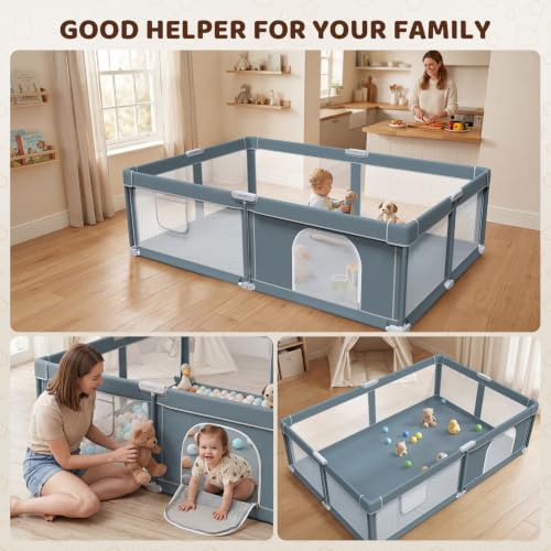 Image of Foldable Baby Playpen - 74 inchx50 inch Collapsible Play Pen for Babies and Toddlers - Indoor Outdoor Foldable Play Yard with 4 Handles - Folding Baby Playpen with Bag Portable Travel Play Yard