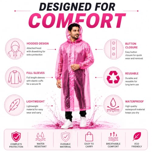 Image of Full Length Waterproof Raincoat for Men & Women | Hooded Transparent Rain Wear with Sleeves | Reusable Long Rain Jacket for Bike Riding, Travel, Camping & Monsoon Protection