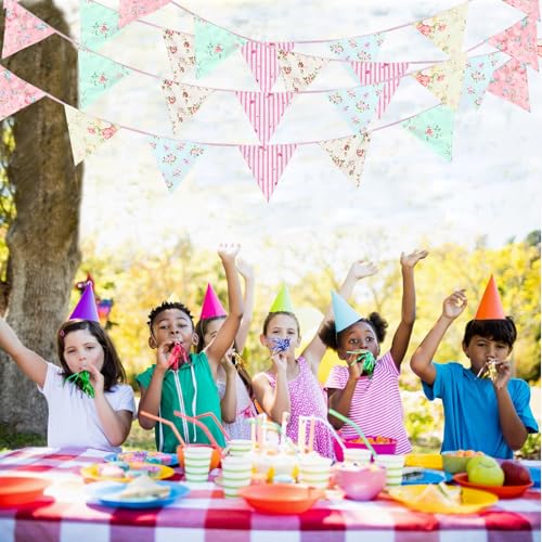 Image of Zwiebeco 32Ft Pink Blue White Floral Fabric Bunting Triangle Flags Cotton Flower Pennant Banner Decoration for Birthday Wedding Engagement Baby Shower Tea Party Spring Rustic Village Home Garden Decor