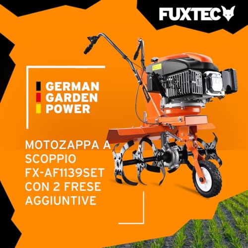 Fuxtec Motozappa a scoppio FX-AF1139 Set motocoltivatore a benzina 4 tempi 139cc 2,2kW con estensione della larghezza di lavoro da 36 a 66cm Coltivatore profondità regolabile fino a 30cm - 2