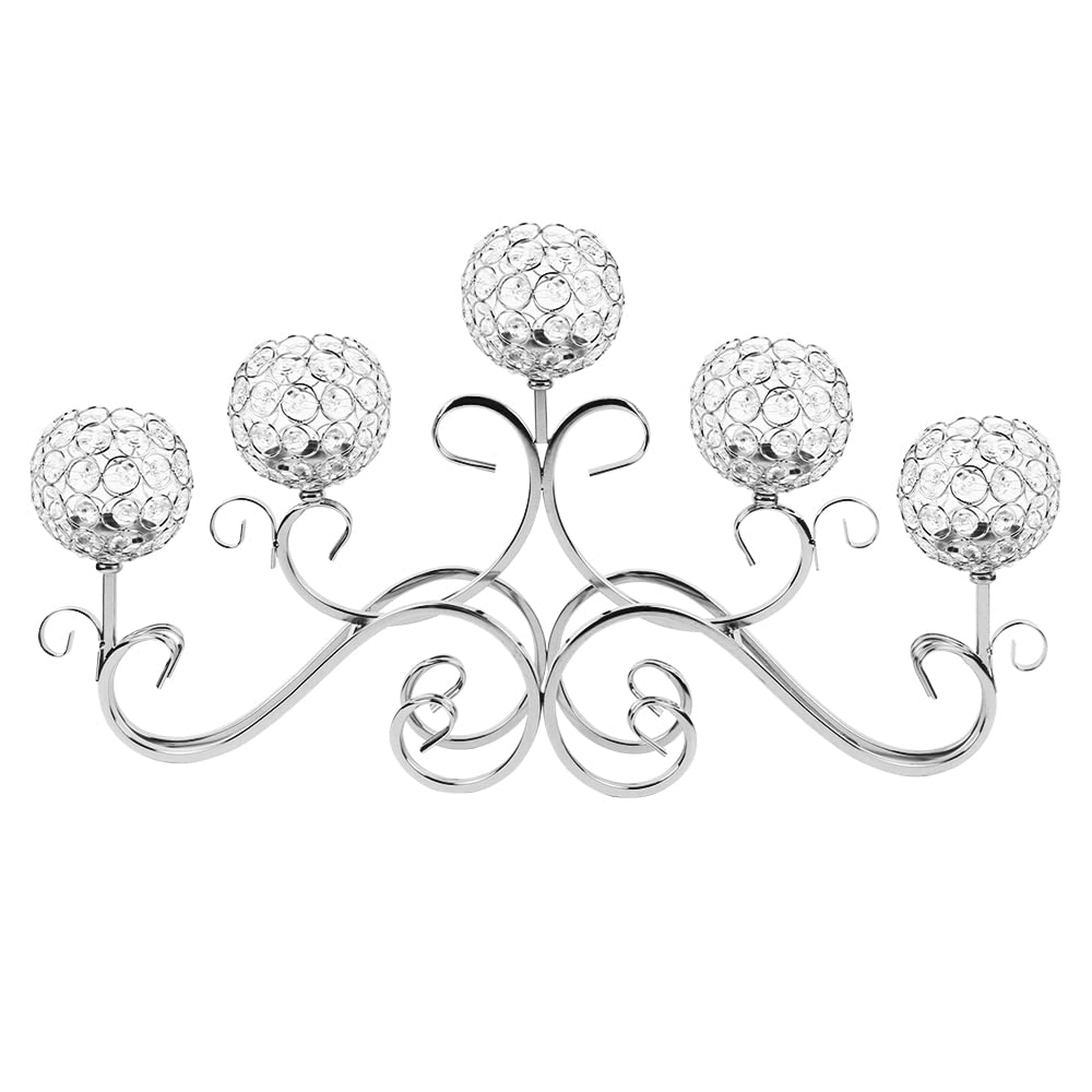 5 Arm 13" Crystal Chandelier Silver Metal Horizontal Table Standing Candelabra Wedding Centerpiece Candle Holder, 27”*13”*4”(Silver)