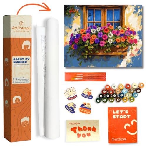 Image of Art Therapy Pcn34 Paint by Number Kit 15 x 20 Inch Linen Canvas for Adults & Kids | DIY 2 Set of Acrylic Oil Painting Colors with Brushes for Home Decor | Easy for Beginners (Flowers at the Heart Window)