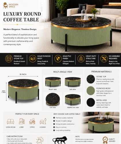 Image of WOODEN SPACE Premium Luxury Nazaara Marble-Top Coffee Table with Iron Legs & PVD Coating | Modern Round Wooden Center Table for Living Room & Entryway (Light Green, 30 Inch)