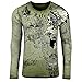 Tee Shirt Homme Manches Longues Delaver Tendance Col Arrondi Imprimé Tête de Mort Indien Texte Sérigraphie BX708 Vert S