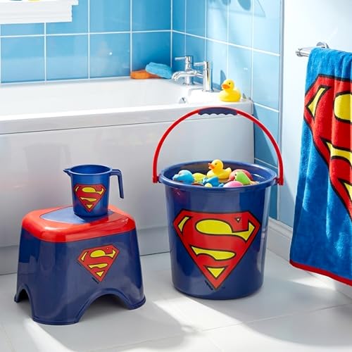 Image of Nayasa Kids Superman Print Bathroom Set of 3 for Children | 18 LTR Bucket, 1 LTR Mug and Stool Combo | Sturdy and Durable | Lightweight and Rigid | Easy to Clean and Attractive Design | Blue