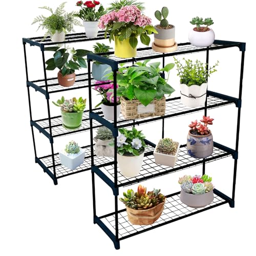 Fuhomtre 4-Tier Durable Powder-Coated Steel Plant Stands for Indoor/Outdoor Garden Shelving, Each Shelf Holds 17.64 Lbs, Ideal for Greenhouse, Patio, Garage, Shed Storage – 2 Pack