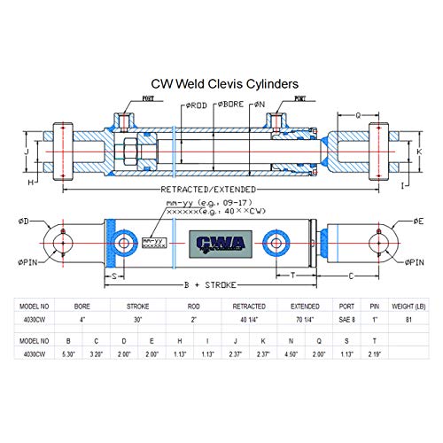Image of CW Weld Clevis Cylinder 4 inch Bore x 30 inch Stroke x 2 inch Rod x SAE 8 Port x 3000 PSI