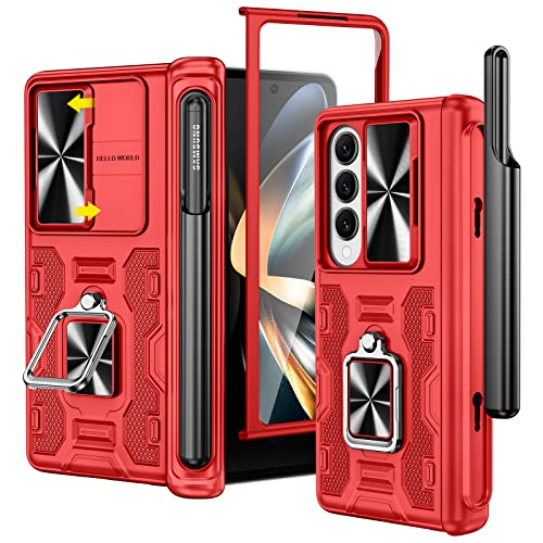 VEGO for Z Fold 4 Case with S Pen Holder, with [Hinge Protection][360-degree Rotating Kickstand][Slide Camera Cover][Front HD Screen Protector] Protective Cover for Samsung Galaxy Z Fold4 - Red
