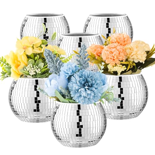 6 Pcs Disco Ball Vase Disco Ball Planter for Centerpieces Disco Ball Decor Flower Vase with Silver Mirror Glass for Wedding Birthday Party (3 X 4)