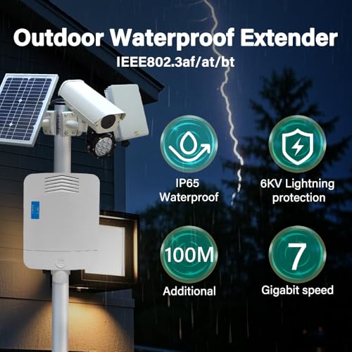 Image of 5 Port Outdoor Gigabit PoE Passthrough Switch, 1-Port 90W PoE++ in, 4-Port 30W Out, 802.3af /at /bt, IP65 Waterproof PoE Repeater /Booster, Wall /Pole Mount for IP Cameras, PTZ, VoIP, APs