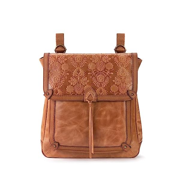 The Sak Ventura Backpack in Leather, Adjustable Convertible Strap, Tobacco Floral Emboss
