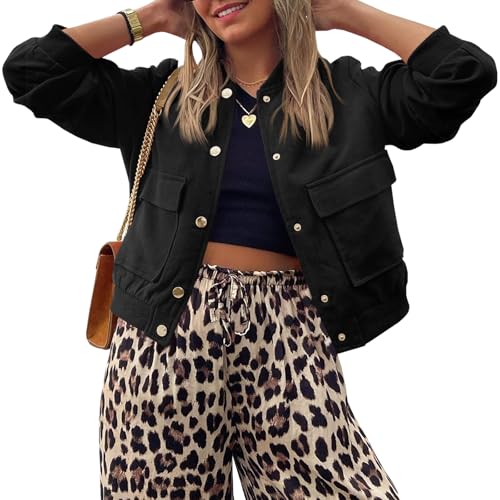 Tankaneo Womens Cropped Puffer Bomber Jacket Winter Casual Button Down Varsity Coats with Pockets3