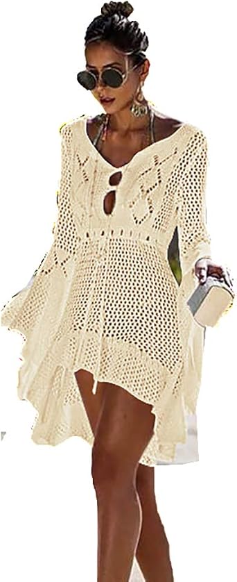 Ulalaza Womens Sunscreen Swimwear Cover Up Lace Crochet Bikini Dress Beachwear Hollow Out