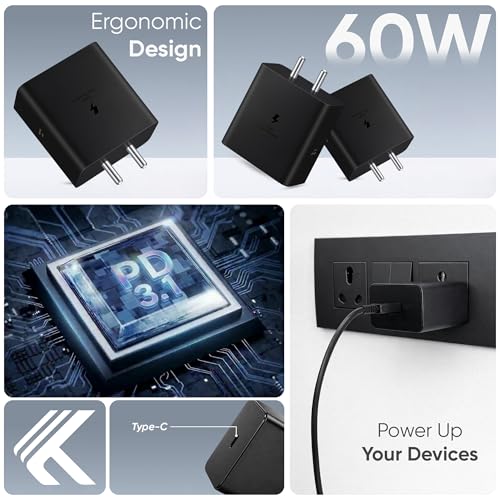 Image of KARWAN 60W GaN Superfast Charger, PD 3.1 Adapter [2Yrs Warranty] Compatible with Samsung Galaxy S25 /S24 /S23 /Plus /Ultra /Flip /Fold,Laptop,MacBook,iPhone & Other Devices, BIS Certified Wall Charger