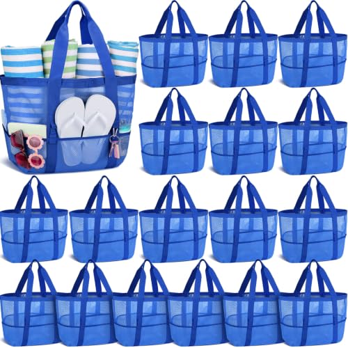 Image of Hillban Large Beach Mesh Bags Bulk for Women Beach Tote Bag with 8 Pocket Zipper Waterproof Sandproof for Pool Cruise Ship