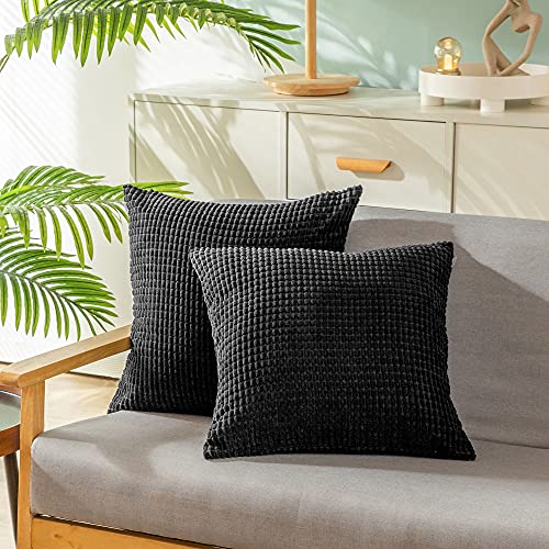 CaliTime Pack of 2 Comfy Throw Pillow Covers Cases for Couch Sofa Bed Decoration Comfortable Supersoft Corduroy Corn Striped Both Sides 20 X 20 Inches Black