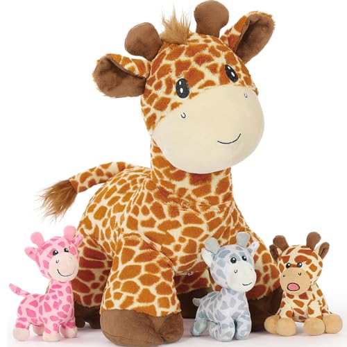 Image of Tezituor Giraffe Stuffed Animal with Babies, 18in Mommy Stuffed Giraffe with 3 Cute Baby Giraffe Plush Toys, Giraffe Toy for Kids Girl Boy, Giraffe Gifts for Baby Shower Birthday Christmas Party Decor